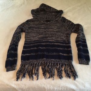 E&M navy blue hooded knit poncho with tassels